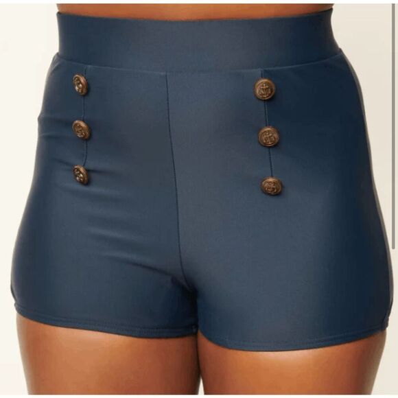 Unique Vintage Swim Shorts | S | High Waist | Retro Navy Nautical Style - Picture 1 of 6